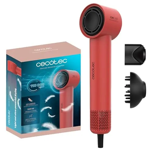 Cecotec Haartrockner Ionicare Rockstar Style Red, sehr kompakter und leichter Haartrockner, Motor 1500W 110.000 U/min, Ionengenerator, 4 Temperaturen, 3 Geschwindigkeiten, leise: Brushless-Technologie