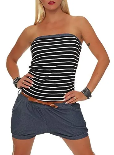 Malito Damen Einteiler kurz im Marine Design - Jumpsuit im Jeans Look mit stylischem Gürtel und modischen Streifen, ideal für trendbewusste Damen, Größe 34-40, pflegeleicht bei 30°C.