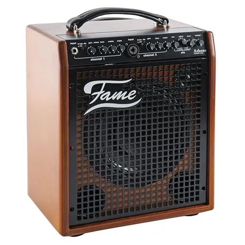 Fame Athena 50W Akustikgitarren-Verstärker - Akustikgitarrenverstärker mit 50 Watt, 2 Kanälen und integrierten Effekten wie Reverb. Ideal für Gesang und Instrumente, perfekt für Live-Auftritte und Aufnahmen.