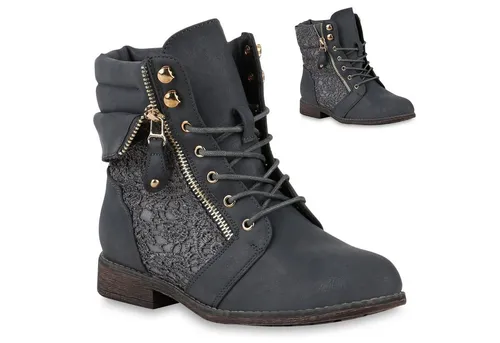 Mytrendshoe Damen Stiefeletten mit Zipper und Schnürung