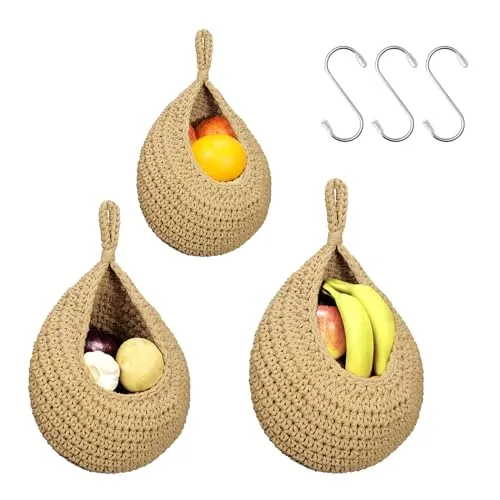 MDDK DY Obstkorb Hängend Wandkorb, Hängekorb 3 Stück mit 3 Haken, Hängekörbe, Aufbewahrungskörbe, Aufbewahrungskorb geflochten, Hängekorb Küche, Wohnzimmer,Bad( jute korb )