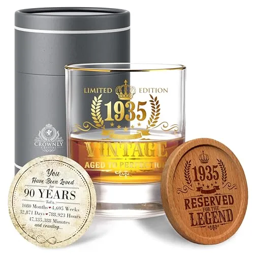 CROWNLY CRYSTAL® 1935 Geschenke Für Männer Whisky Gläser Geburtstagsgeschenk Für Männer Personalisierte Geschenke 90 Geburtstag Deko Geburtstagskarte 90 Jahre Mann Geschenk Mann