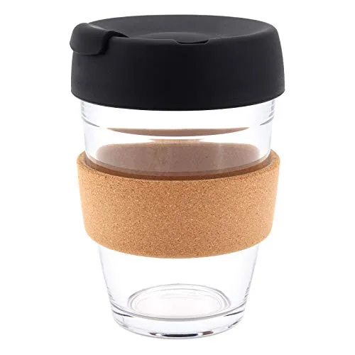 Hosoncovy 350ML Wiederverwendbare Kaffeetasse aus Glas mit hitzebeständigem Korkband-Reisekaffeetasse mit Deckel und Deckel 12 OZ Kaffeetasse (Schwarz)