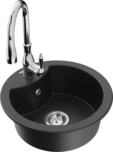 Mexen Diego Granit-Spüle mit Mischbatterie Savita, Schwarz/Silbermetallic