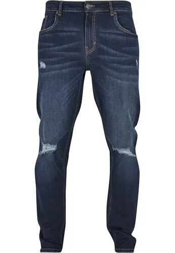 Urban Classics Distressed Stretch Denim Jeans blau - W32 - Stylische Herren Jeans in Regular Fit mit 5-Pocket-Design und modischen Destroyed-Elementen. Der Baumwollmix sorgt für hohen Tragekomfort und Bewegungsfreiheit.