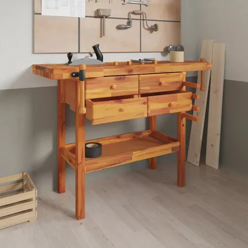 The Living Store Werkbank mit Schubladen Schraubstöcken 124x52x83 cm Akazienholz