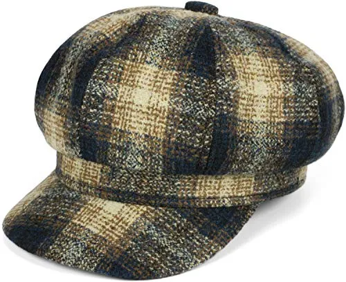 styleBREAKER Damen Ballonmütze in Karo Optik, Schirmmütze kariert Vintage Style, Bakerboy Schiebermütze, Newsboy Cap 04023077, Farbe:Dunkelblau-Braun-Beige