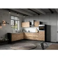 Held Möbel Winkelküche Turin 300 x 240 cm mit E-Geräten in Wotaneiche-Graphit