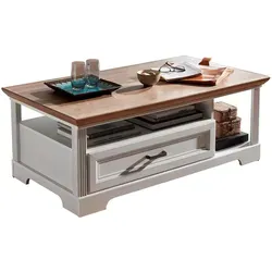 Couchtisch Varese – Weißer Landhausstil mit Ablage - Hochwertiger Couchtisch im Landhausstil mit zwei Ablagefächern und Soft-Close-Schublade. Ideal für gemütliche Wohnzimmer und stilvolle Akzente.