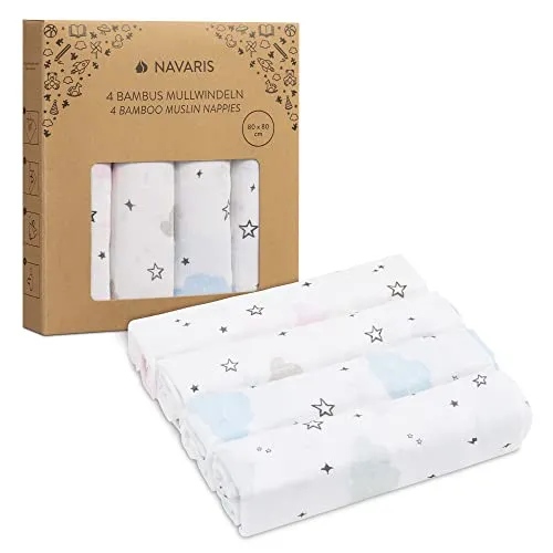 Navaris Baby Mullwindel Set - 4x Mulltuch zum Stillen Pucken Wickeln - 80x80cm Pucktuch Spucktuch - Stilltuch aus Viskose und Baumwolle - weiß blau