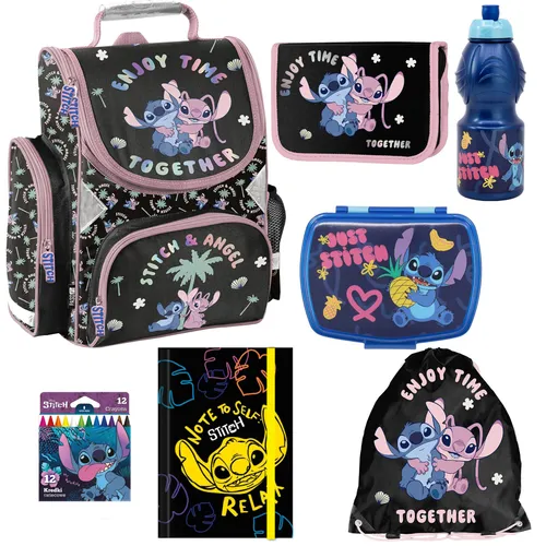 STITCH & ANGEL Schulranzen Set für Jungen und Mädchen - 7-teilig mit Federmäppchen - Ranzen, Taschen & Rucksäcke - Ideal für die Schule, inklusive praktischen Zubehör für einen perfekten Start ins Schuljahr.