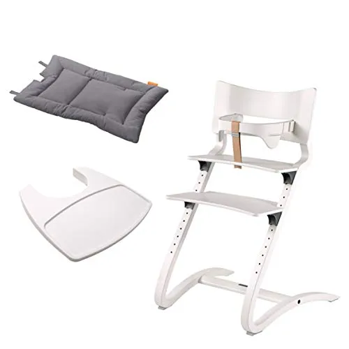 Leander Stuhl weiß - Hochstuhl - Kinderstuhl - Erwachsenenstuhl mit Babybügel + Tablett weiß + Kissen cool grey