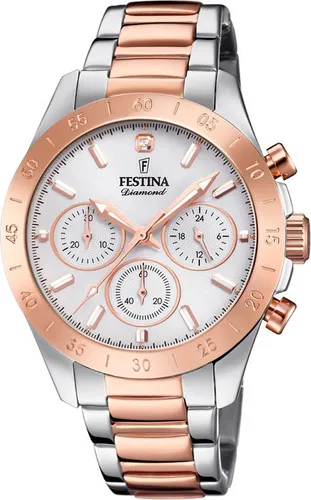 Festina F20398/1 Boyfriend Damenuhr Chronograph 39mm - Armbanduhr mit Quarzwerk, silber-roséfarbenem Zifferblatt und wasserdicht bis 10 ATM - ideal für stilvolle Anlässe.
