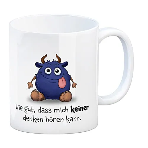 Freches Monster in dunkelblau Kaffeebecher mit lustigem Spruch Wie gut, dass mich keiner denken hören kann. Tasse für Kollegen Freunde und Kinder im Büro oder Zuhause