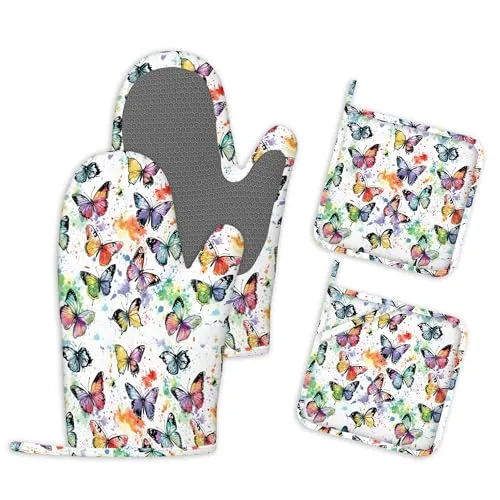 4er-Set Ofenhandschuhe und Topflappen mit Schmetterlings Topfhandschuhe Hitzebeständig Küchenhandschuhe Silikon Kochhandschuhe Backofen Handschuhe zum Backen Kochen und Grillen