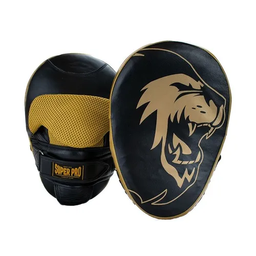 Super Pro Handpratzen Curved Leder Schwarz/Gold – Boxen Pratze Pads - Ideal für das Boxtraining, diese hochwertigen Pratzen aus Leder bieten optimalen Halt und Komfort. Perfekt für Trainingseinheiten, um Technik und Schnelligkeit zu verbessern.