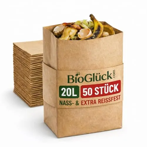 BIOGLÜCK® Biomüllbeutel 20L [50 Stück] – Reißfeste & Kompostierbare Papiertüten für Biomüll