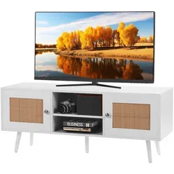 VEVOR Rattan-TV-Ständer für 140 cm Fernseher - TV-Halterungen mit Retro-Design und verstellbaren Regalen, ideal für Wohnzimmer und Medienräume, bietet großzügigen Stauraum und mühelose Reinigung.