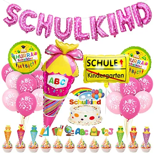 Einschulung Schuleinführung Schulanfang Deko Set für Mädchen, Geschenk Einschulung Mädchen Deko Rosa, SCHULKIND Rosa Banner + HURRA Schulkind Schulanfang Folienballon + Zuckertüte Luftballons mit ABC