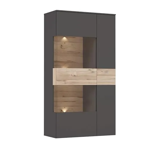 Forte Como Vitrine L mit 2 Türen - Glasvitrine aus Holzwerkstoff in Uni Wolfram Grau/Stabeiche, ideal für dekorativen Stauraum in Wohn- oder Esszimmer. Langlebig, pflegeleicht und umweltfreundlich hergestellt.