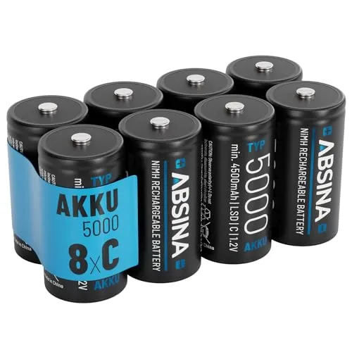 ABSINA 8X C Baby Batterien - Wiederaufladbare NiMH Akkus mit 4500mAh - Akkus für Geräte mit hohem Strombedarf, ideal für Taschenlampen und Spielzeug. Umweltfreundlich, bis zu 1500 Mal wiederaufladbar und ohne Memory-Effekt.