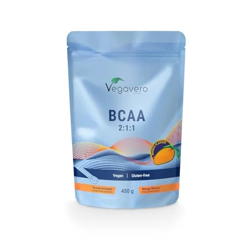 BCAA Pulver 2:1:1 | 500 g Beutel | Vegan & Ohne Zusatzstoffe | Mango Geschmack | Hochdosiert und Laborgeprüft | Deutsche Produktion von Vegavero®