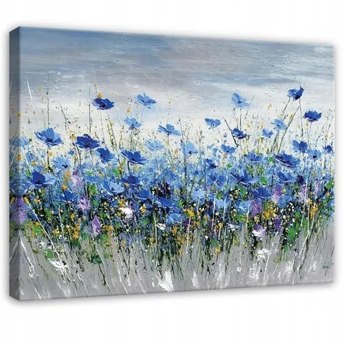 WallArena - Leinwand Bilder - Blumen - 100x70 cm Leinwandbilder - Bild auf leinwand - Wandbild XXL groß Wandbilder für Wohnzimmer Schlafzimmer Wohnzimmerbilder Modern kunstdruck - Blau Blume Wiese