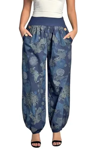 Mississhop 277 Damen Blumenprint Haremshose - Damen-Hosen in Einheitsgröße, leicht und luftig für Sommer, ideal für Freizeit oder abendliche Anlässe, mit elastischem Gummibund und stylischem Blumenmuster.
