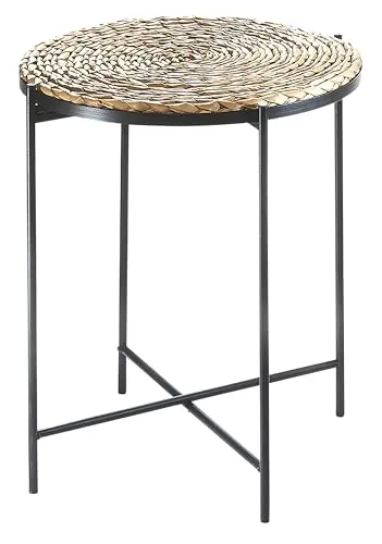 Kobolo Beistelltisch Coffee, 38x38x45 cm, rund, Metall & Seegras, braun, moderner Tisch mit integriertem Tablett, ideal für Wohnzimmer, Esszimmer & Flur