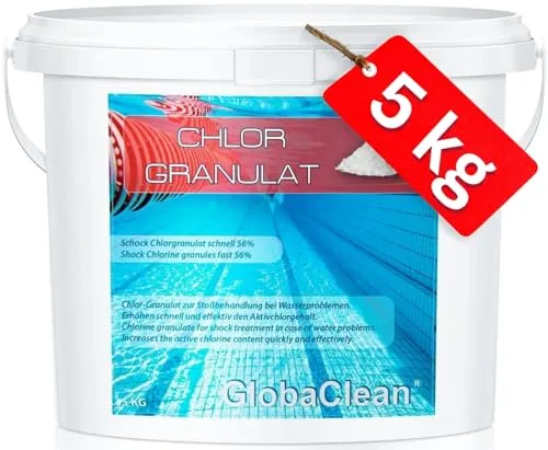 GlobaClean 5 kg Chlorgranulat - Effektive Pool Desinfektion mit 56% Aktivchlorgehalt - Chlor für effektive Poolpflege - Schnelle Desinfektion gegen Keime und Algen, mit langanhaltender Wirkung und einfacher Anwendung für sauberes Wasser.