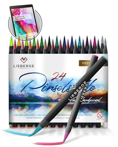 LIEBERGE Pinselstifte Premium-Set - 24 Aquarellfarben + 2 Wassertankpinsel - Malsets für kreative Köpfe – 24 intensive Farben ermöglichen atemberaubende Aquarell-Effekte und sind ideal für Anfänger und Profis!