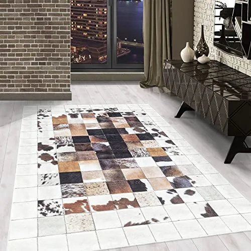 Carpetsale24 Waschbarer Kurzflor Teppich Creme 120x170 cm Patchwork Design mit Rutschfester Rückseite, Hautfreundlich & Pflegeleicht, Ideal für Wohnzimmer, Schlafzimmer, Flur & mehr