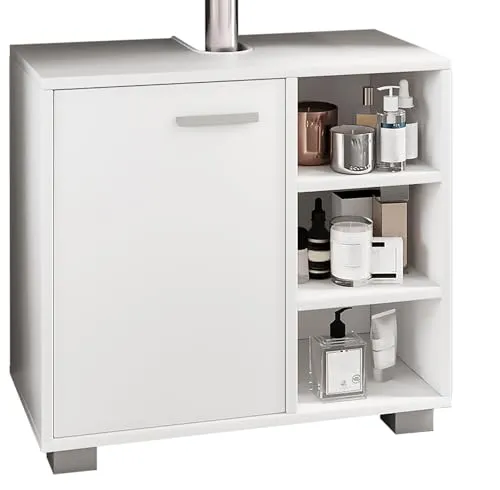VCM Holz Waschbeckenunterschrank Zalo L - Unterschrank für das Bad: Maße H. 58 x B. 60 x T. 30 cm, mit 1 Drehtür und 3 offenen Regalfächern – ideal für modernen Stauraum im Badezimmer.