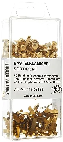Wedo 11259199 Bastelklammern Sortiment, 240 Stück, Flachkopf und Rundkopf, 3 verschiedene Größen in praktischer Box, vermessingt