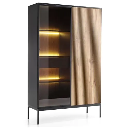 Komodee Laval WTSZ104 - Schrank mit LED Beleuchtung, Schwarz, Eiche Wotan, Lamella, Breite 104 cm, Höhe 166 cm, Tiefe 39 cm