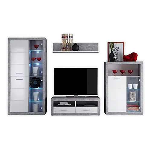 STONE Wohnwand Komplett-Set in Beton Optik, Weiß - Stilvolle Schrankwand für Ihr Wohnzimmer - Wohnwände - Modernes Design mit urbanem Touch, inklusive LED-Beleuchtung für ein gemütliches Ambiente und großzügigem Stauraum.