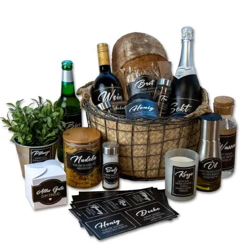younikat Aufkleber-Set zum Einzug I 19 Stück I Brot Salz Wein Einzugsgeschenk Einweihung I Motiv schwarz I Geschenk-Idee zum Umzug I Sticker passend für Präsentkorb I dv1537