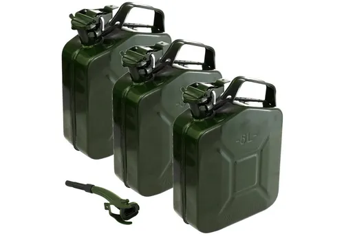 Holmwerk 3x Kraftstoffkanister Metallkanister mit Ausgießer - Benzinkanister - 3 hochwertige 5 Liter Kanister in Olivgrün RAL6003 mit UN-Zulassung, ideal für Benzin, Diesel und Maschinenöl. Auslaufsicherer Verschluss und breiter Entlüftungskanal für schnelles Entleeren.