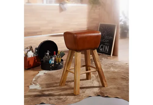 FINEBUY Barhocker FB53778 - Modernes Design aus Mango Massivholz - Barhocker im Country Style mit stämmigem Design und komfortabler Ziegenleder-Sitzfläche. Handgefertigt mit einzigartiger Maserung und robusten Holzbeinen. Ideal für gemütliche Küchen oder Bars.
