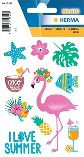 HERMA 15520 Jewel Sticker für Kinder, I Love Summer (10 Aufkleber, Folie, glitzernd) selbstklebend, permanent haftende Motiv Etiketten für Mädchen und Jungen, bunt