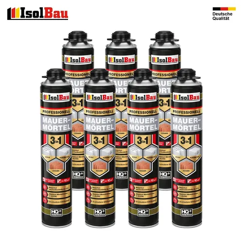 Mauermörtel Pistolenschaum 3in1 PU-Mörtel 7 x 750ml - Bauschaum für vielseitige Anwendungen, ideal zum Auffüllen und Isolieren, mit einer Ergiebigkeit von bis zu 10 m² pro Dose und temperaturbeständig von -80°C bis +200°C.