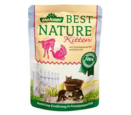 Dehner Best Nature Katzenfutter Kitten - Kalb, Pute & Grünlippmuschel - Beutelfutter für Katzen, schonend hergestellt mit hochwertigen Zutaten, ideal für junge Katzen ohne chemische Zusatzstoffe.