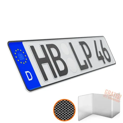 L & P Car Design KFZ Kennzeichen 1 Stück 46cm x 11cm in Carbon Optik Nummernschild 460mm x 110mm Wunschkennzeichen DIN Autokennzeichen Fahrradträger Anhänger LKW Wunschprägung amtliches Autoschild