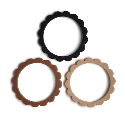 Mushie Beißring Blumen Beißring Armband, 3er Set Schwarz Natur Braun Silikon BPA-frei Zahnungsarmband Zahnung