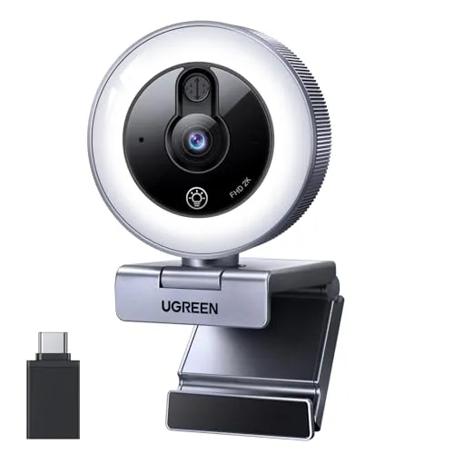 UGREEN 2K Webcam mit Ringlicht PC Kamera mit mikrofon Streaming Kamera mit Abdeckung Fixfokus 4 Fülllichtstufen 80°FOV USB-A/C Anschluss Kompatibel mit PC/Laptop/Windows/Mac/Linux/Skype