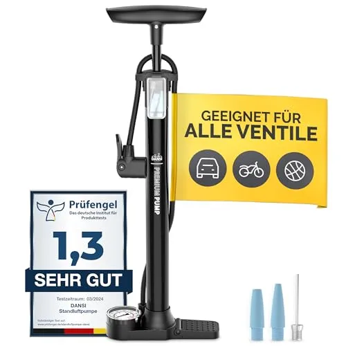 DANSI Fahrradpumpe I Standluftpumpe mit Manometer - Luftpumpen für alle gängigen Ventile, ideal für Fahrrad- und Auto-Reifen. Stabiler Standfuß und große Druckanzeige sorgen für müheloses Pumpen.