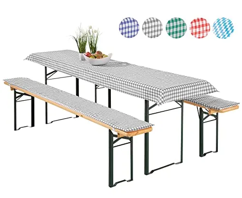 heimtexland ® Auflagen Set Bierzeltgarnitur 3-teilig - Bankauflagen Set für Bierzeltgarnitur, strapazierfähig und pflegeleicht, bestehend aus Tischdecke und zwei Kissen im eleganten Vichy Karo Grau für optimalen Komfort.