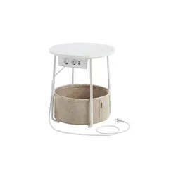 VASAGLE Beistelltisch mit Steckdose und USB-Anschlüssen - Ablagetisch mit modernem Design, Ø45 cm, inklusive Stoffkorb und praktischer Ladestation für Ihr Smartphone oder Tablet.