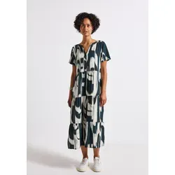 STREET ONE Damen 1408807 Gemustertes Volant-Kleid - Freizeitkleid in Tide Blue, mit geschlitztem Ausschnitt und dekorativer Knopfleiste, aus weicher Viskose für hohen Tragekomfort.