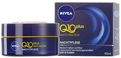 NIVEA Anti-Falten Nachtpflege Q10 plus, 50 ml Tiegel - Nachtpflege mit Q10 und Kreatin zur Milderung von Falten und Unterstützung der Hautregeneration. Ideal für Frauen ab 30+ und alle Hauttypen, dermatologisch getestet und frei von Parabenen.